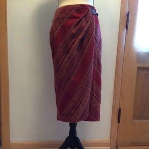 Lauren wrap cotton skirt in warm reds, purples, gold stripe patterns